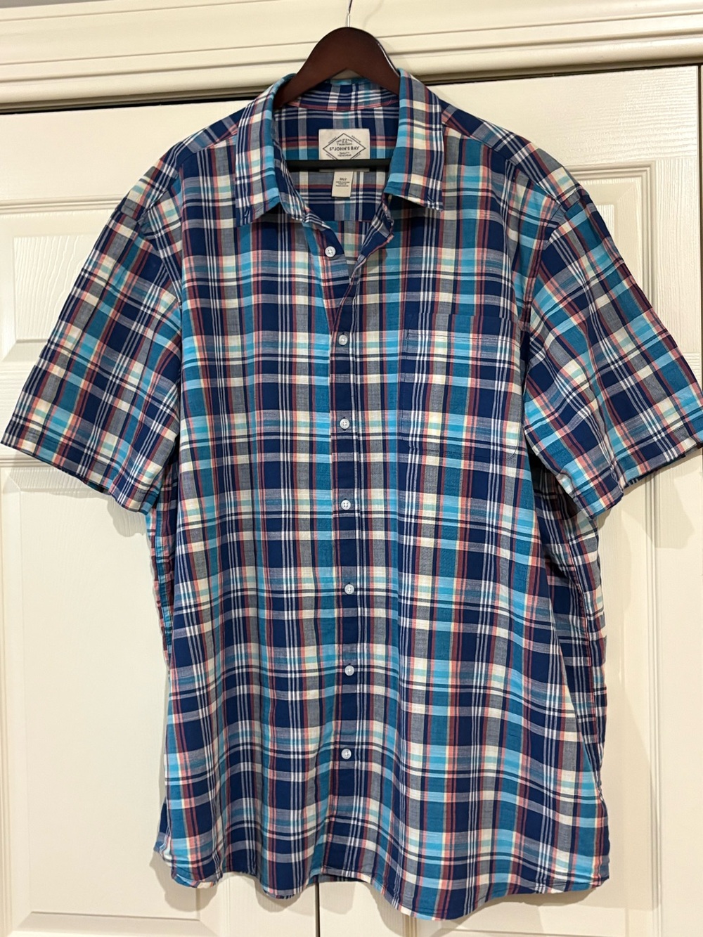 St. John's Bay Short Sleeve Plaid Button-Down Shirt - Blue, Teal, Orange & White